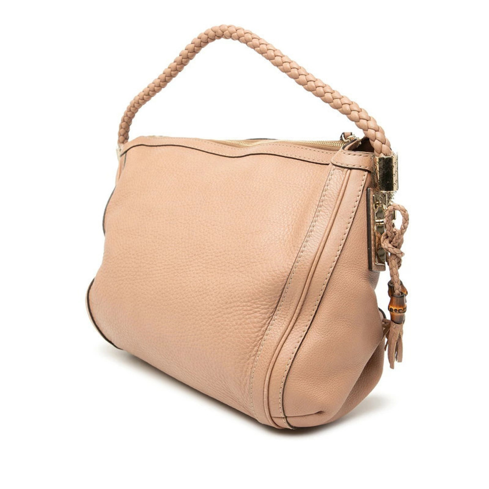 Gucci Shoulder Beige Leather 2way Pink Bamboo Bag Tassel Tan Pink